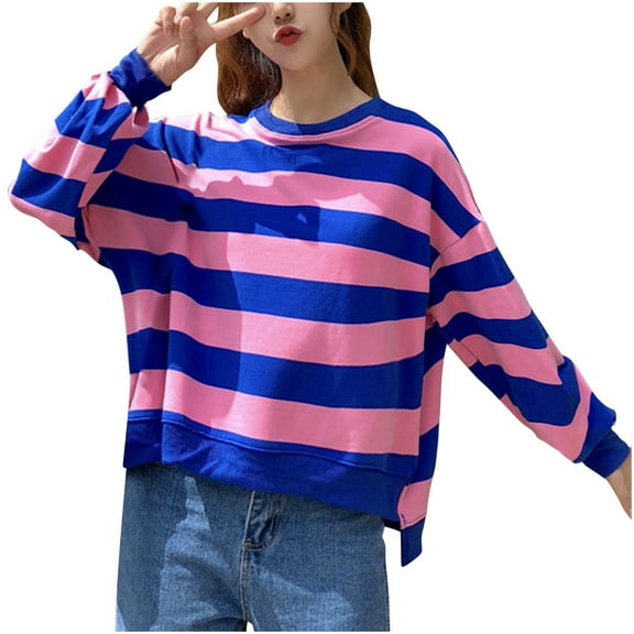 Htigea Women's Striped Sweatshirts Oversized Crew Neck Long Sleeve Pullover Preppy Casual Loose Fit Sweatshirt Tops Pink 2XL