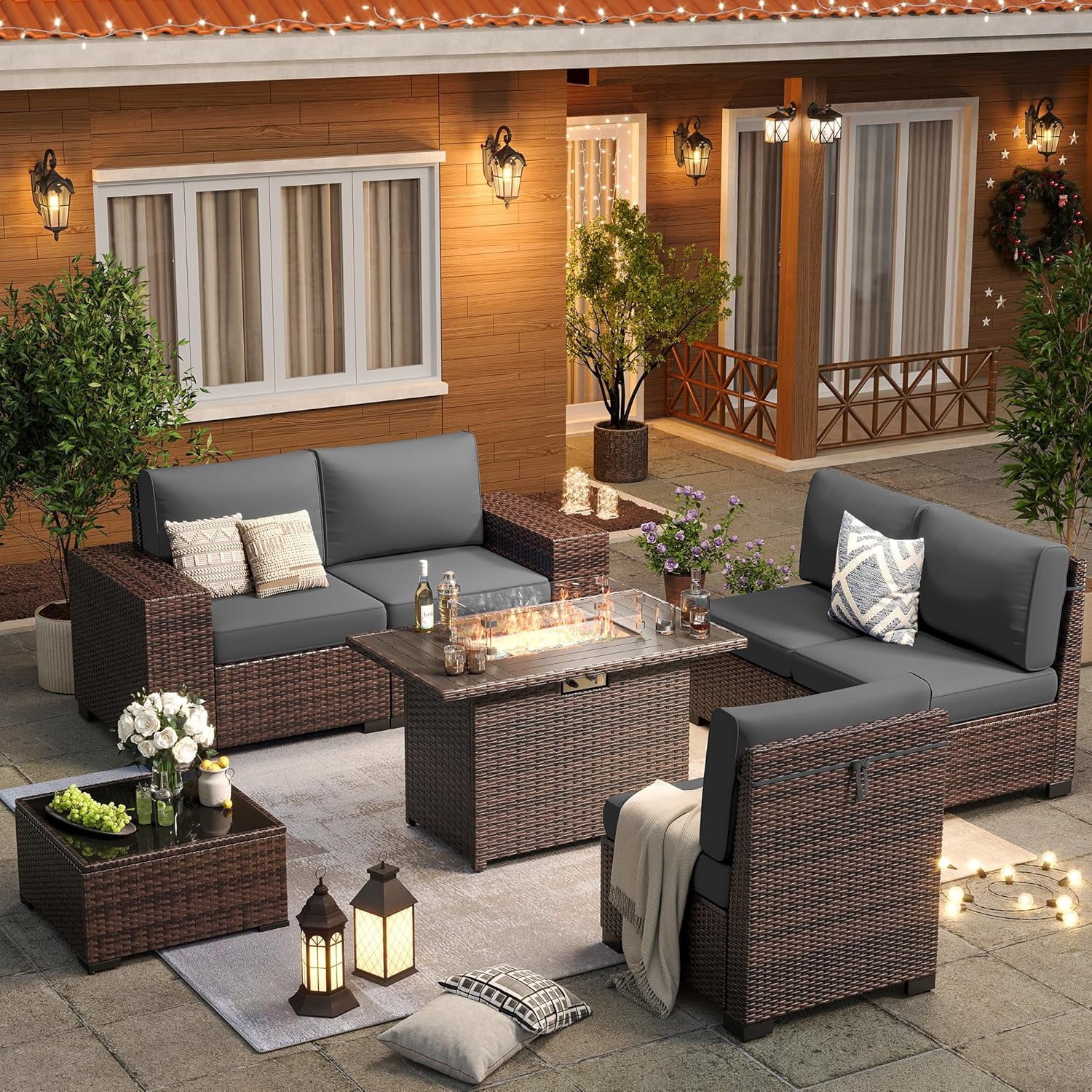 Patio Furniture Set, Ampatio 7-Piece Outdoor Sectional Sofa with Fire Pit Table for Backyard & Porch, Wicker | Metal | Brown