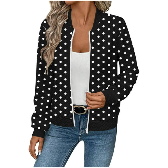SnZhen Women's Casual Hoodless Jackets Ladies Autumn And Winter Fashion Polka-Dot Pocket Waffle Zipper Long Sleeve Jacket Black L