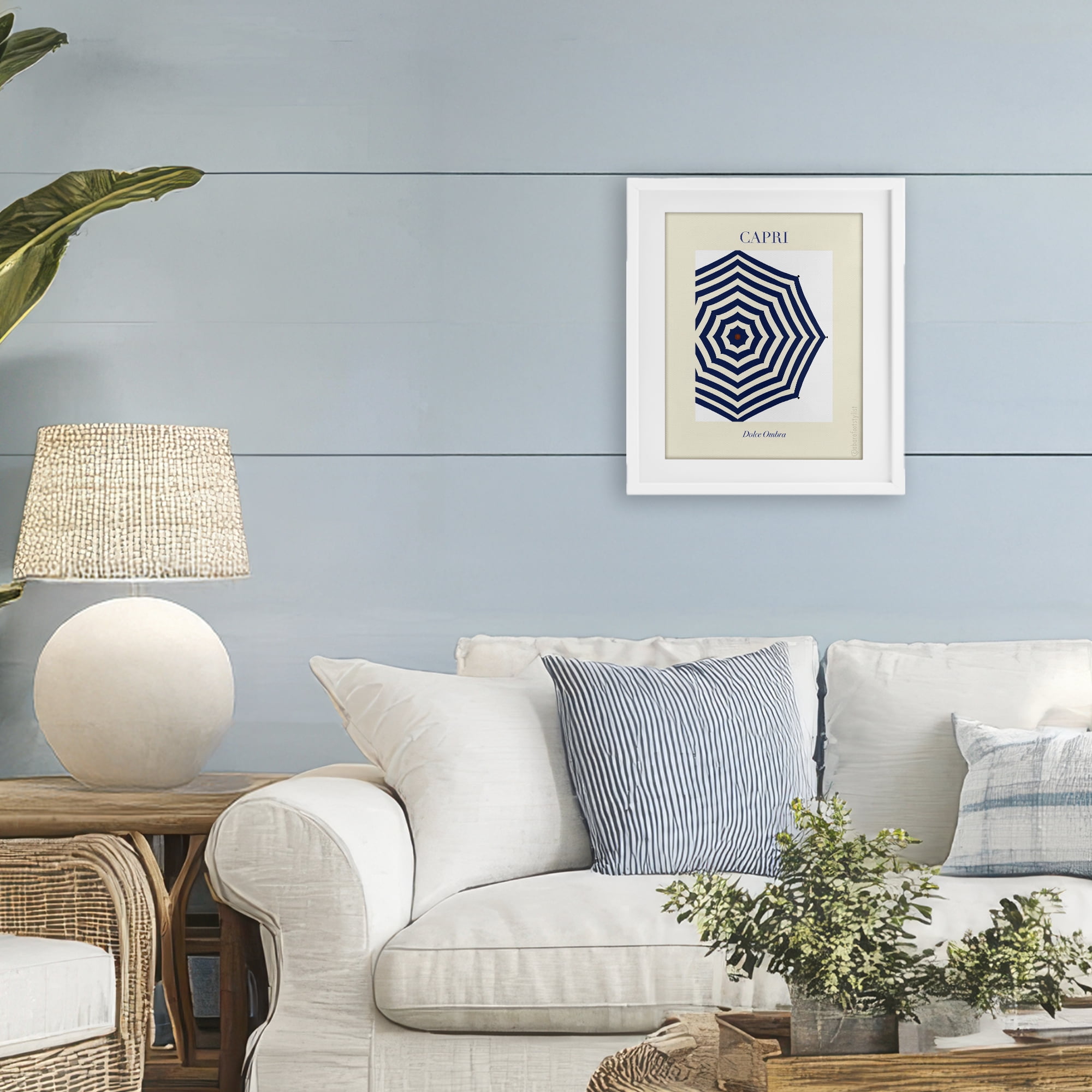 Stupell Industries Capri Striped Umbrella White Framed Print Under Glass, design by A Barefoot Stylist