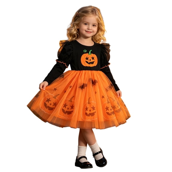 Gunia Halloween Dresses For Girls Festival Halloween Pumpkin Tutu Tulle Dresses For Party Fashion Long Sleeve Toddler Trendy Clothes Size 12-18 Months Orange