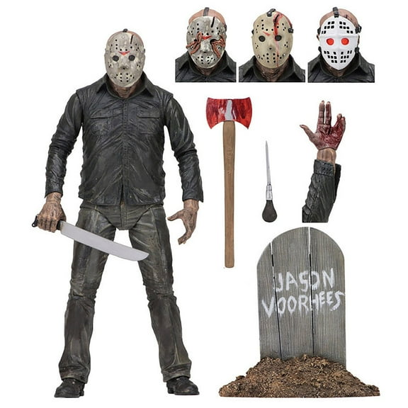 Friday the 13th Poseable Action Figures Set Replaceable Facial Features Collectible and Poesable Figurines with 4 Masks,1 Knife,1 Ax,1 Tombstone