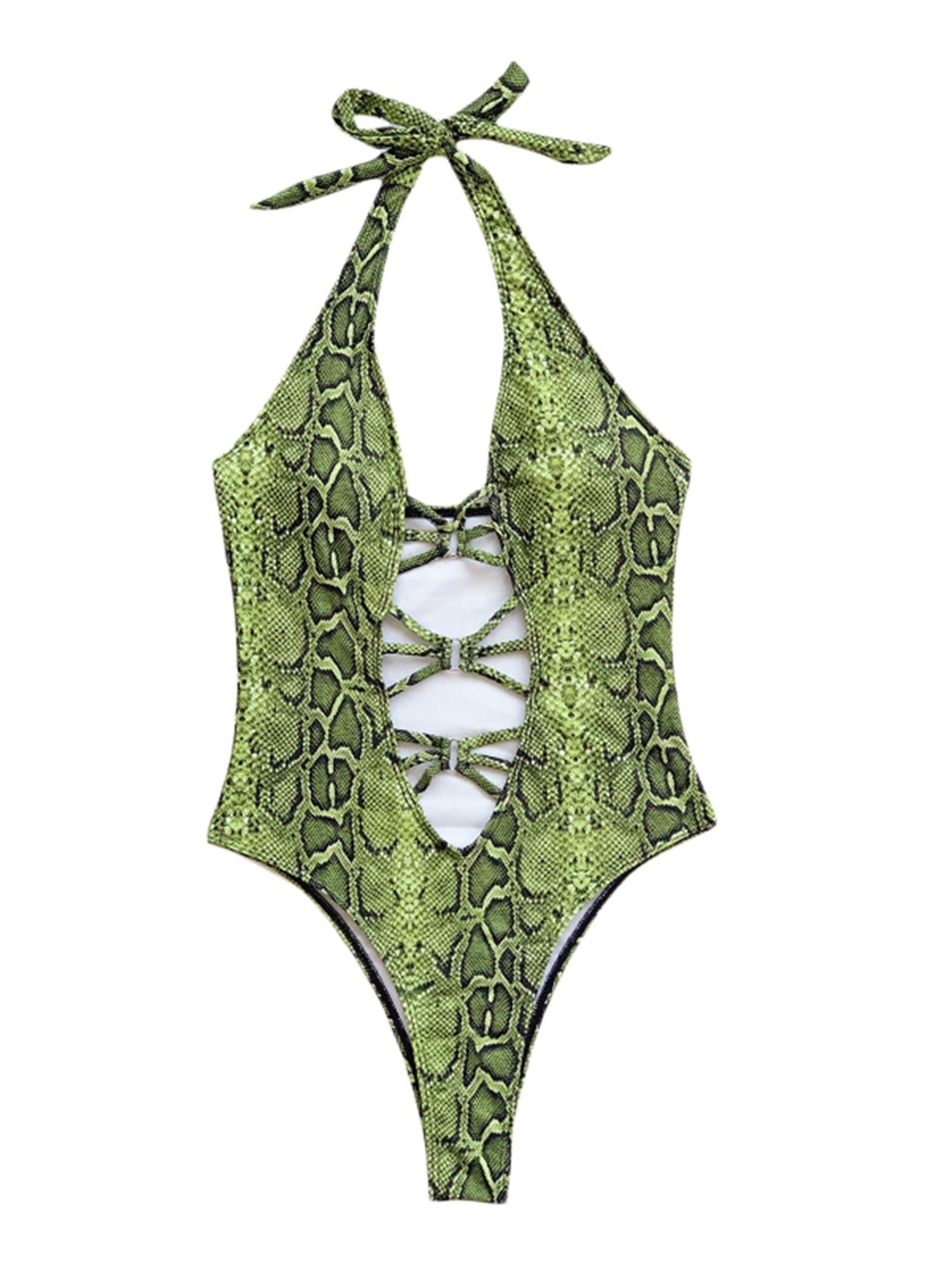 Bebiullo Women's Snakeskin Bathing Suit One Piece Halter Swimsuit ...