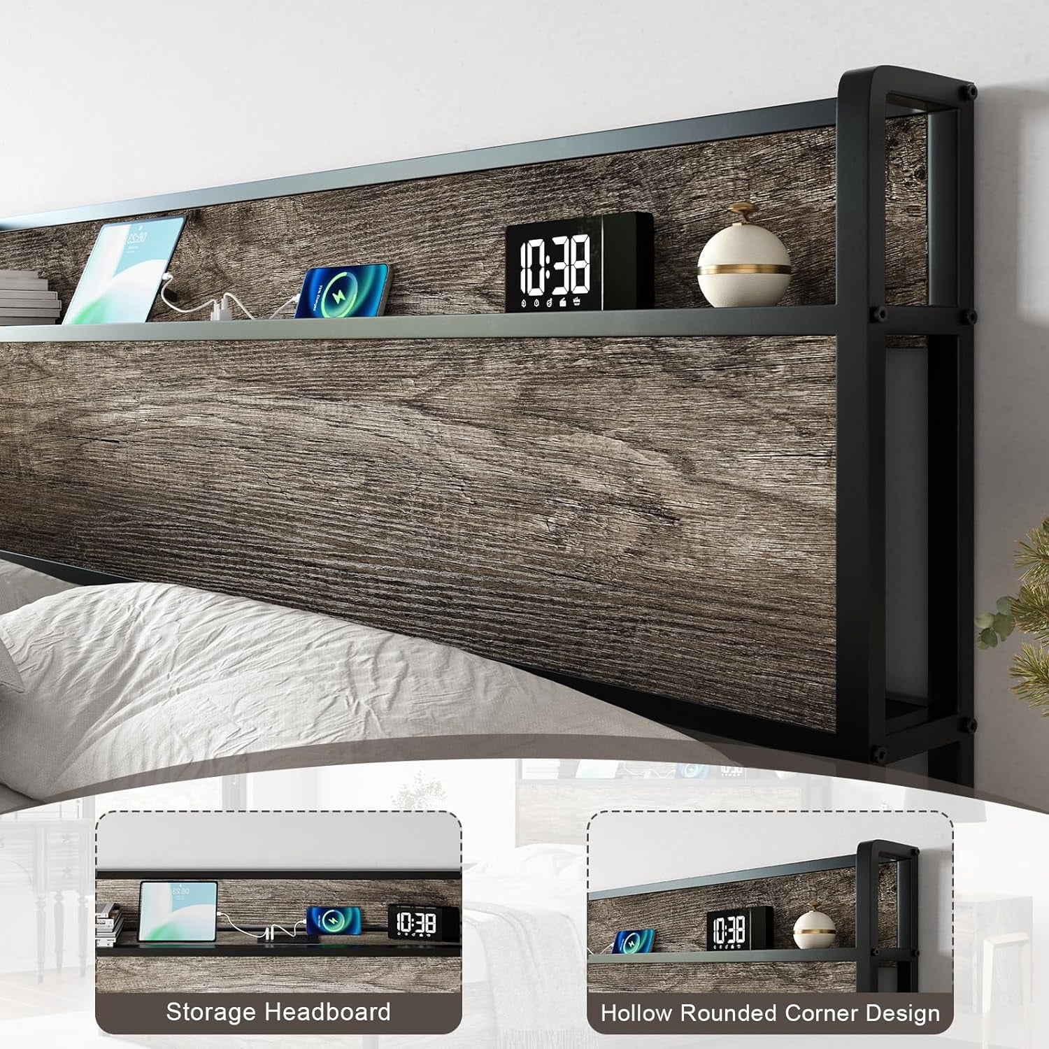 VanAcc King Size Lift up Storage Bed Frame, Wooden Platform Bed Frame with Lifting Storage & Charging Station, Noise Free, rustic grey