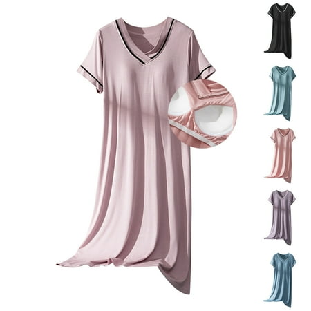 NANAIQ Women s Summer V-Neck Sleep Dress with Built-in Bra | Cool & Breathable Nightgown for Lounge  Sleepwear & Home Comfort | Sexy Pajama Dress & Lingerie Short Sleeve Dress Blue XL