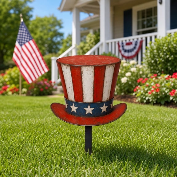 Luoshdecor Patriotic Decor Metal Garden Stake, Red White Blue Independence Day Hat Statue Stake,Outdoor Decor for 4th of July Porch Yaed Decor