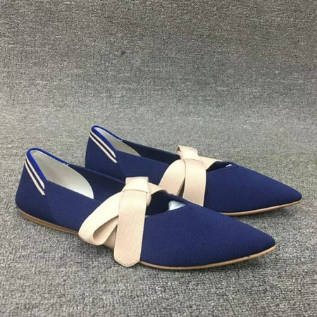 

Women‘s Soild Color Tie Design Flat Shoes Pointed Toe Knitted Ballet Shoes