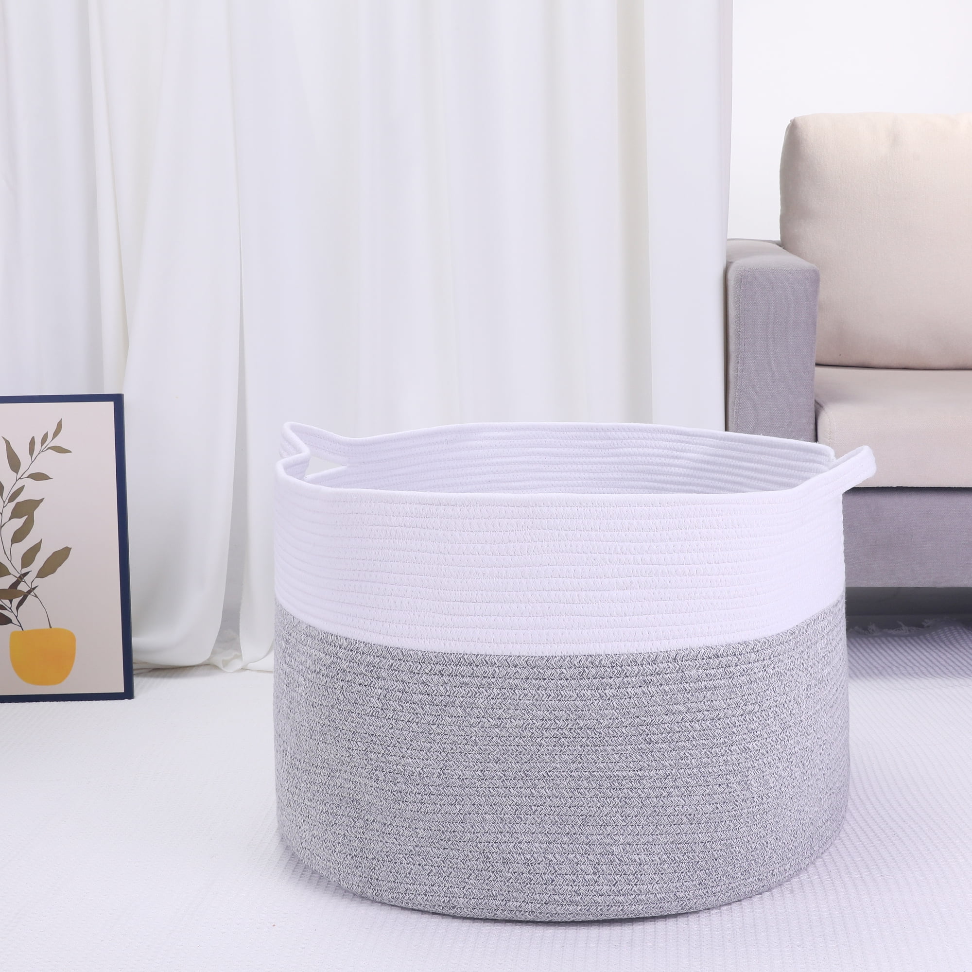 Unique Bargains Woven Storage Bin Shelf Storage Basket Organizer Bin with Handles Grey