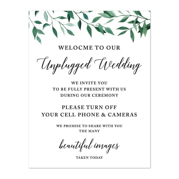 Koyal Wholesale Wedding Party Signs, Natural Greenery, Welcome to Our Unplugged Ceremony Turn Off Phones, 1-Pack