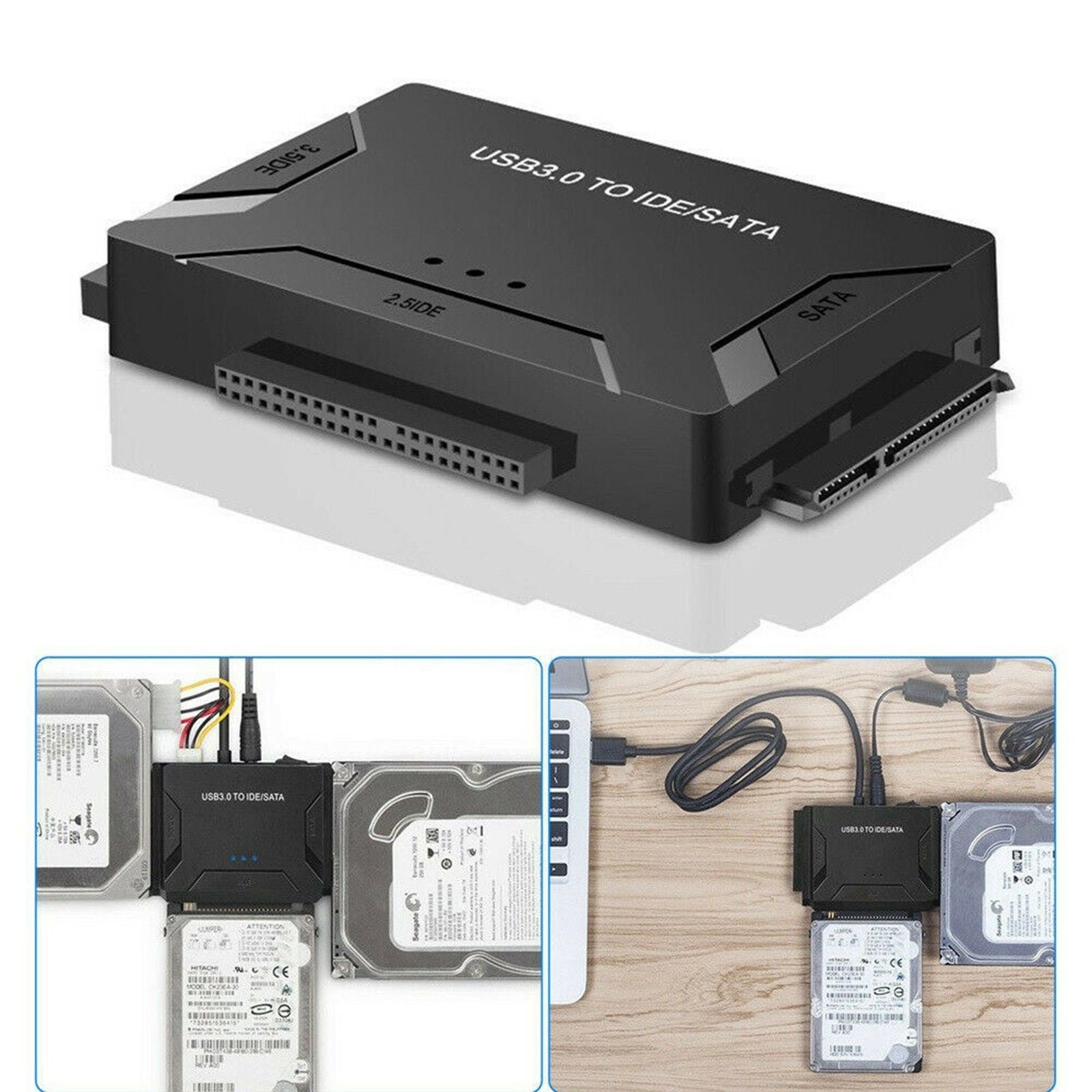 ENTSASMO Black USB 3.0 to IDE SATA Adapter USB 3.0 to SATA IDE Hard Drive Converter Combo for 2.5"/3.5" DE SATA SSD Hard Drives Disks with 12V 2A Power Adapter and USB 3.0 Cable for Laptops