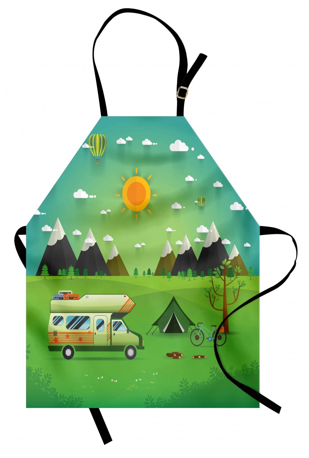 Happy Camper Apron, Family Caravan with Bicycle and Balloons Outdoors Mountain Landscape Cartoon, Unisex Kitchen Bib with Adjustable Neck for Cooking Gardening, Adult Size, Multicolor, by Ambesonne