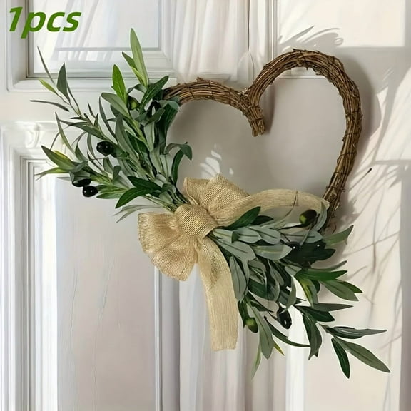 17in Heart-Shaped Olive & Berry Wreath, Rustic Farmhouse Front Door Wreath With Beige Ribbon Bow, Artificial Olive Leaf Wreath For Front Door Decor, Indoor Outdoor Heart Shaped Wreath, Home Decor