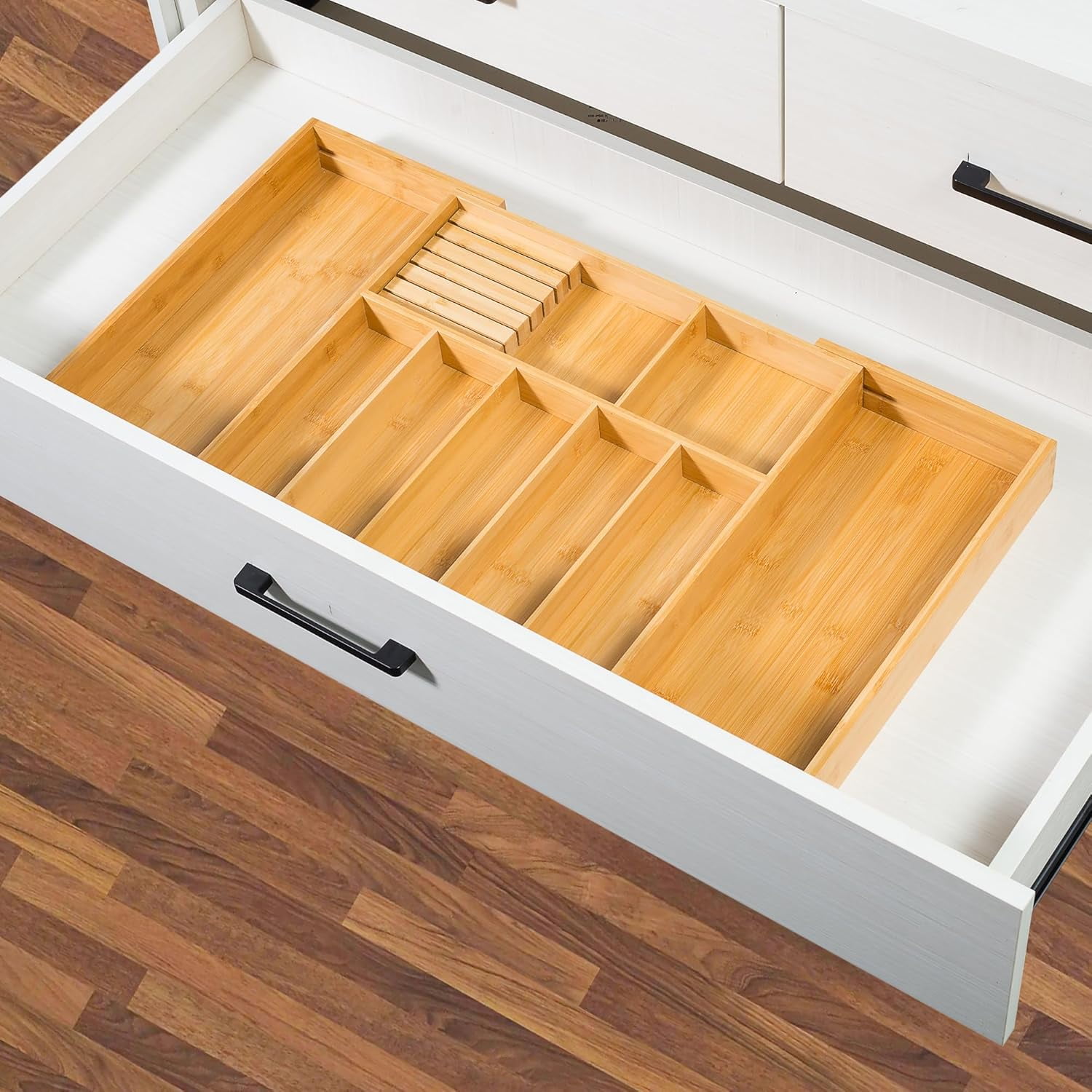 Utoplike Extra Large Kitchen Drawer Organizer, Bamboo Utensil Organizer with Removable Knife Block, Expandable Cutlery Tray