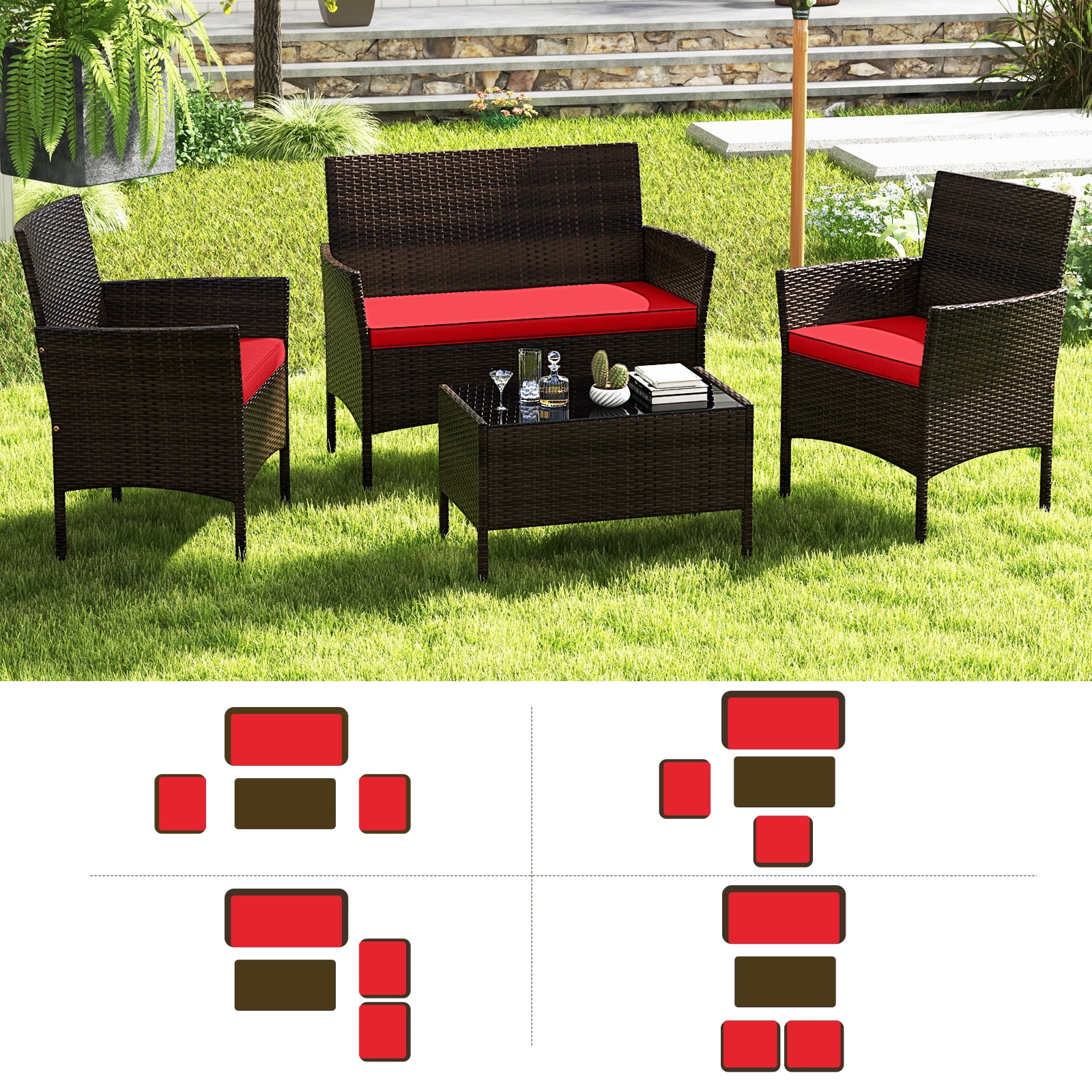 Patiojoy 4 Pieces Patio Furniture Set Outdoor PE Wicker Conversation Set with Washable Cushions and Tempered Glass Coffee Table Red