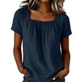 thumbnail image 2 of Xdegoge Womens Linen Elegant Square Neck Short Sleeve Pleated Front Tunic Blouses Textured Lightweight Fabric Casual Loose Fit Vintage Smocked Bodice Work Office Shirts Tees Tops, 2 of 5