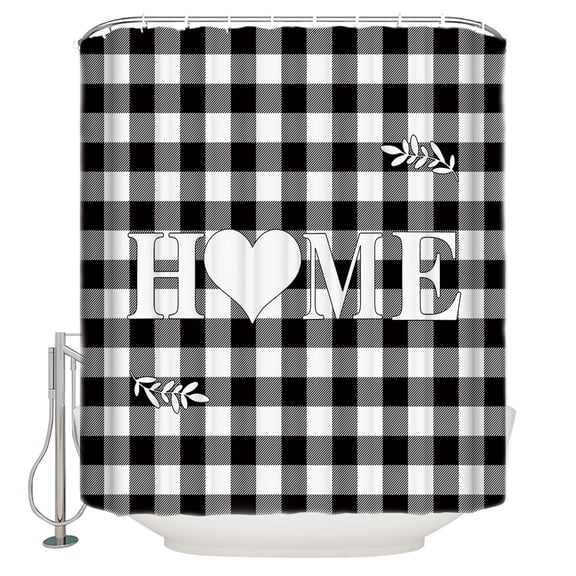 Farm Home Shower Curtain, 66" x 72", Love on Black White Buffalo Plaid Waterproof Bathroom Curtain Washable Shower Curtain Set with 12 Hooks