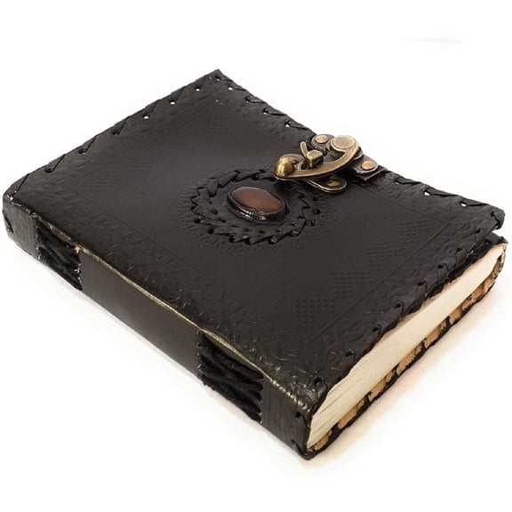 TUZECH Large Writing Notebook Handmade Leather Bound Vintage Journal For Women&Men with Lock & Semi-Precious Stone Gift For Art Travel Diary To Write In 7 by 5 Inches (Black)