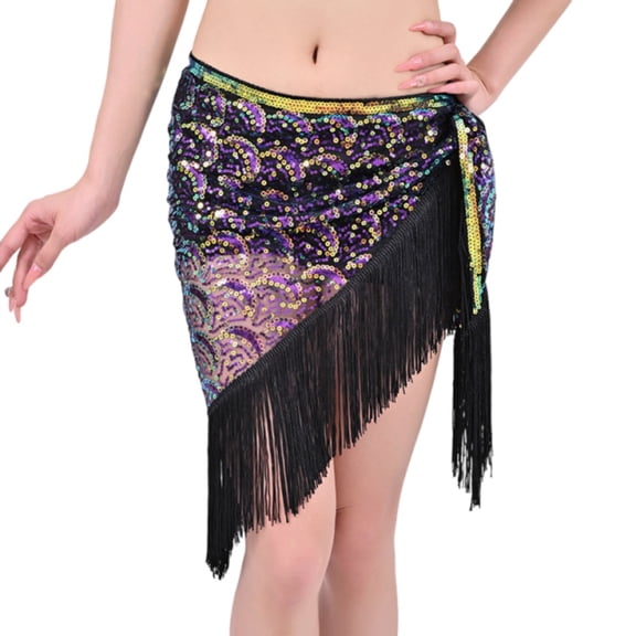 Xfvqtps Woman Sequin Dance Skirt Tassel Triangular Belt Belly Dancing Waist Towel Waist Chain Hip Towel Performance Skirt Purple