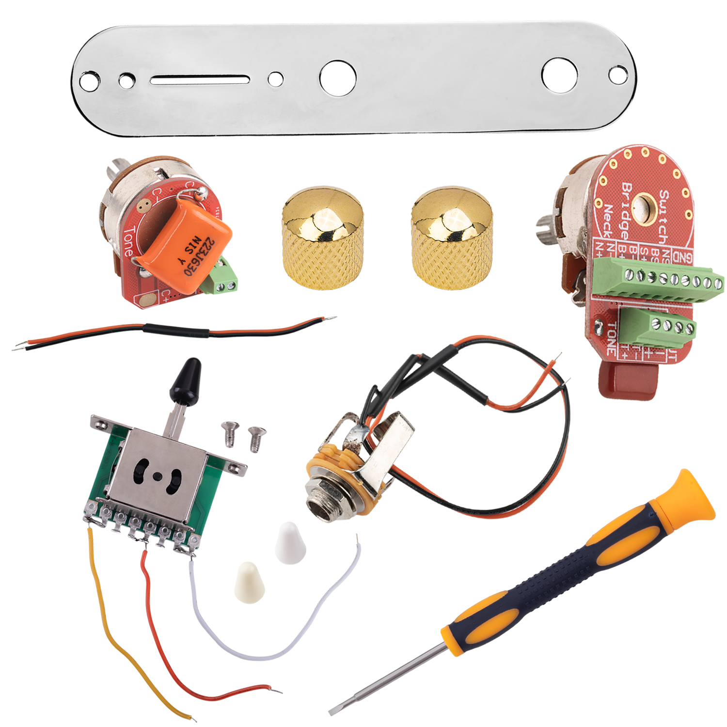LOOKSEVEN Solderless Pre-Wired Control Plate Kit with 3-Way Switch, Aluminum Shaft Pot (1 Volume 1 Tone) Wiring Harness Easy Plug & Play Upgrade with Treble-Bleed Circuit for Telecaster Guitars