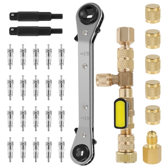 HVAC Valve Core Removal Tool with Double Size SAE 1/4 and 5/16 Port Copper Valve Core Remover Installer Tool and HVAC Service Wrench Set Compatible with R410 R32 R22 R12 R407 R404 HVAC System