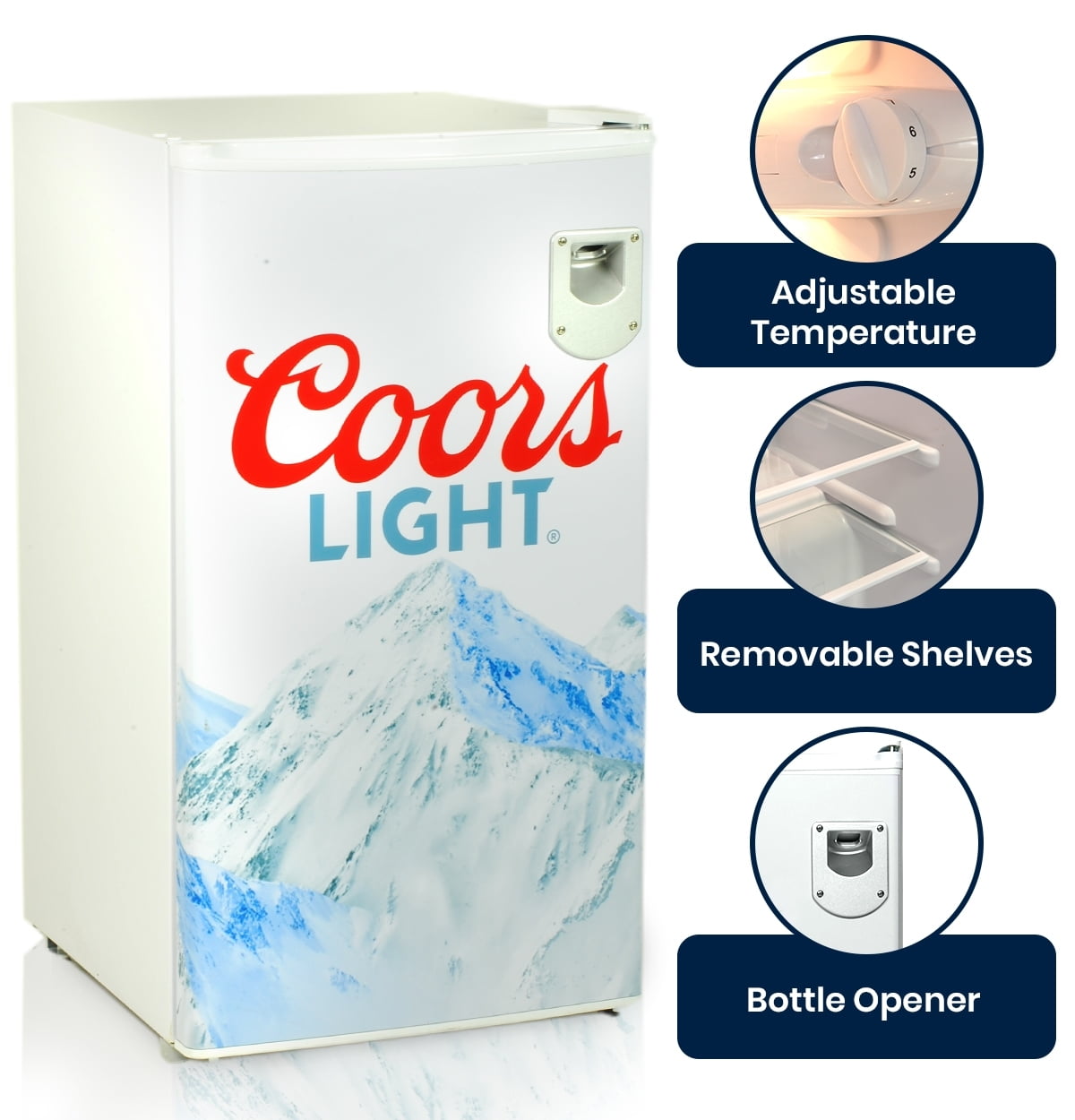 Coors Light 3.2 cu ft (90L) Compact Fridge with Bottle Opener, 95 Quart Capacity, Portable for Snacks, Beverages, Beer, Dorm, Office, or RV