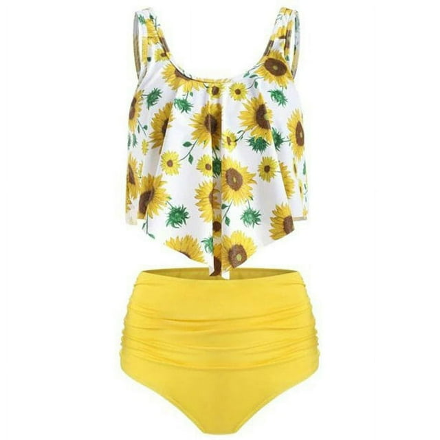 Women 2Pcs Padded Ruffle Strappy Crop Tops High Waist Bikini Set Swimsuit Swimwear Summer