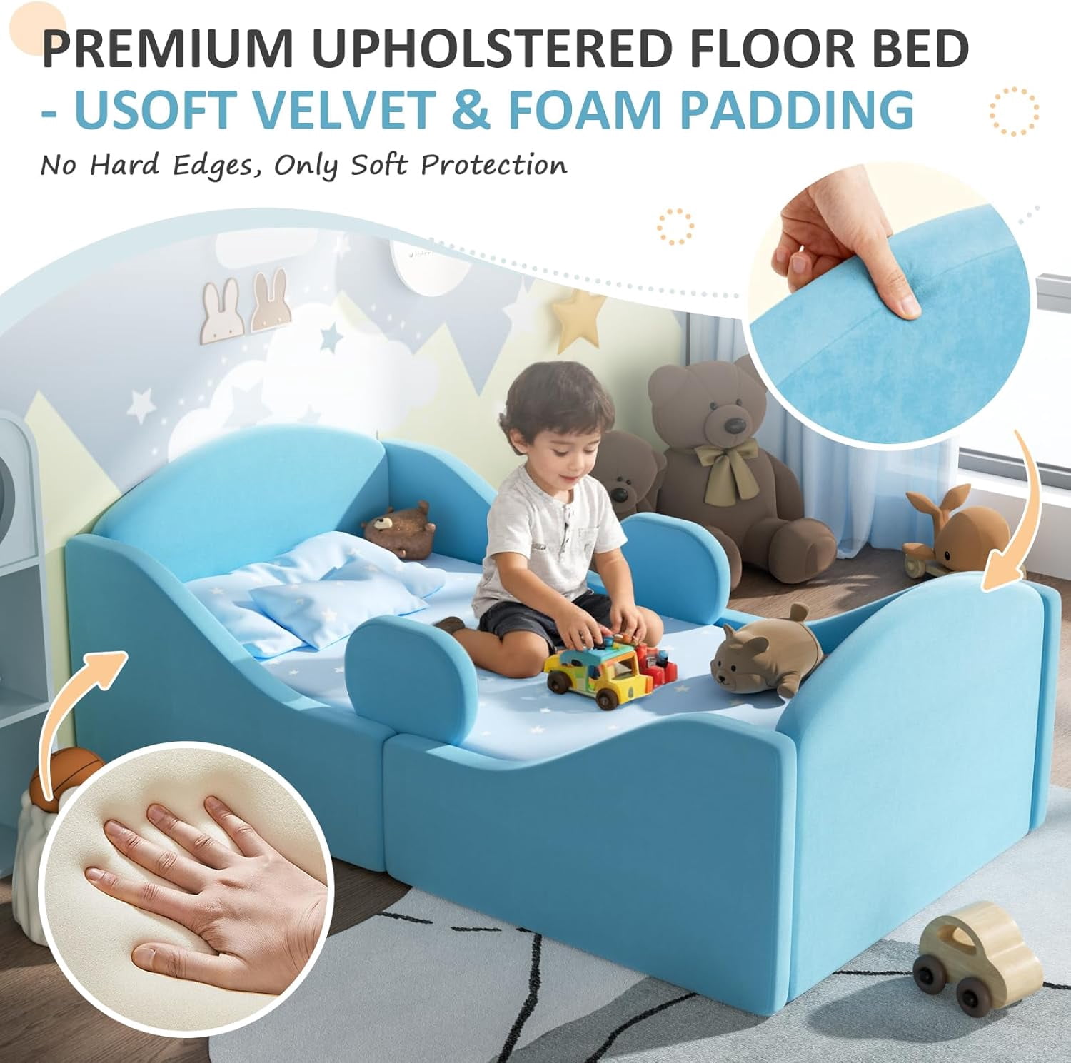 Toddler floor bed with removable safety rails, suitable for both boys and girls, standard crib size, soft-padded safety mattress, low-profile design (Blue).