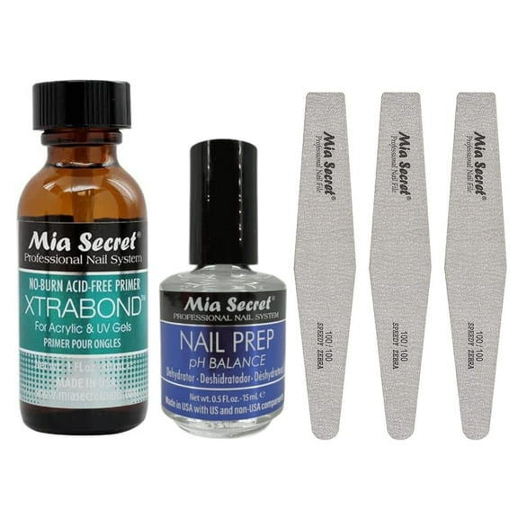 Mia Secret Nail Prep 0.5oz,Xtrabond Primer 30 ML & NAIL FILE-SPEEDY ZEBRA 3pcs