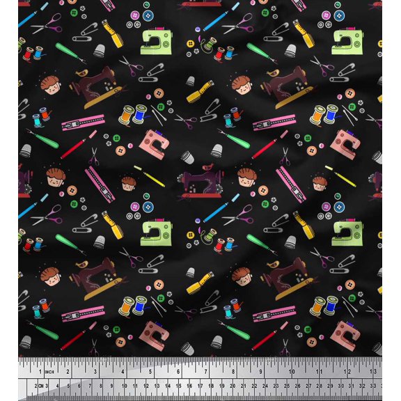 Soimoi Cotton Duck Fabric Scissor,Buttons & Machine Sewing Decor Fabric Printed Yard 42 Inch Wide