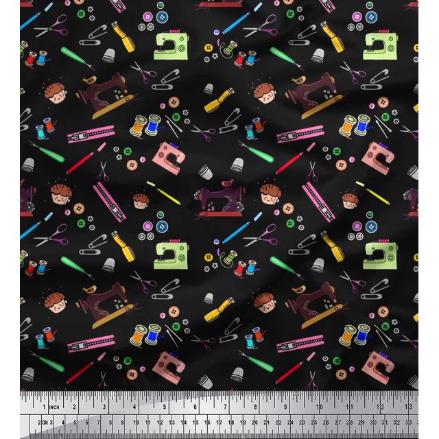 Soimoi Modal Satin Fabric Scissor,Buttons & Machine Sewing Printed Craft Fabric by The Yard 42 Inch Wide