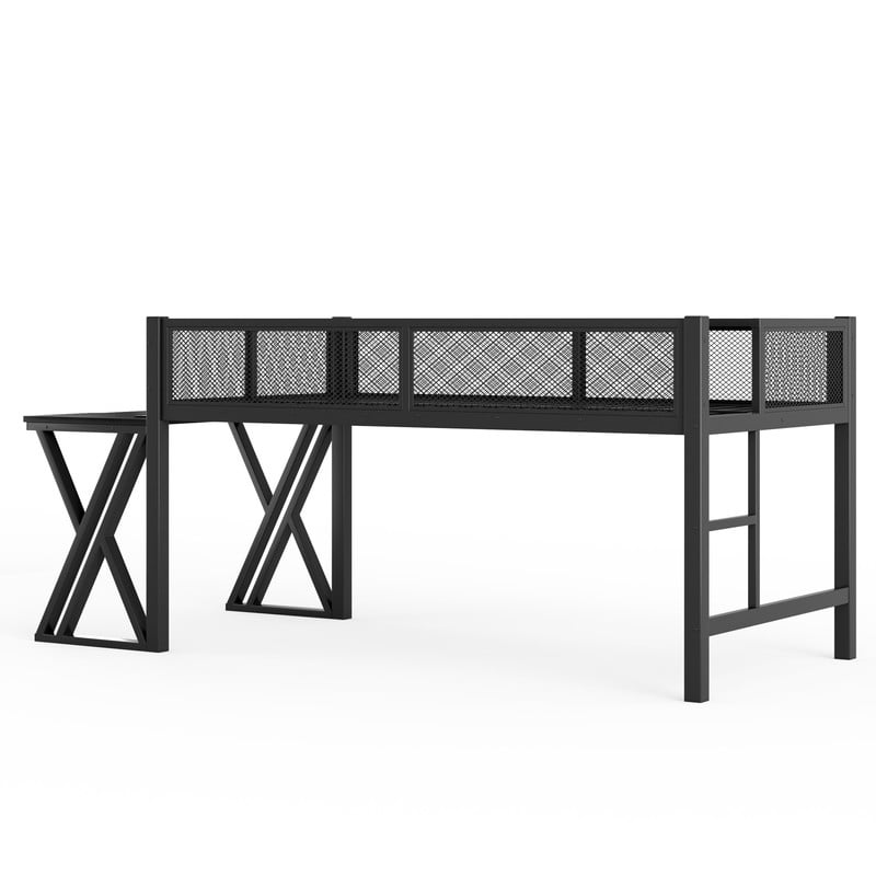Twin XL Gaming Loft Bed with Computer Desk of X-Shaped Legs, Metal Bed Frame with LED Lights, Charge Station & Mesh Guardrail