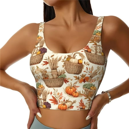 Qokaie Leaves And Berries Pattern Womens Scoop Neck Sports Bra Breathable Workout Vest Padded U Back Medium Impact Fitness Gym Yoga Bra Workout Crop Top-Large
