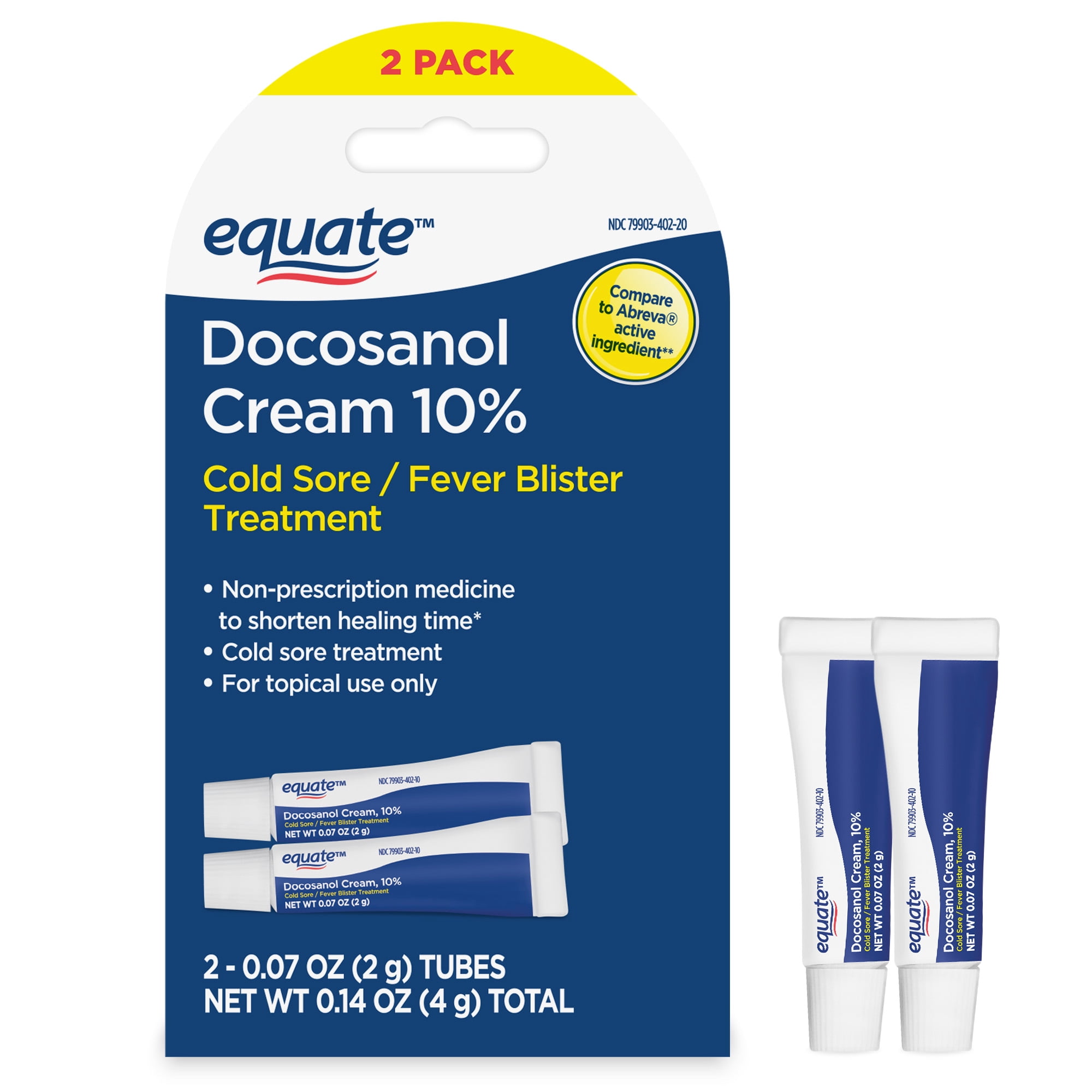 Equate Cold Sore & Fever Blister Treatment, Docosanol 10% Cream, 0.14oz, 2 Count