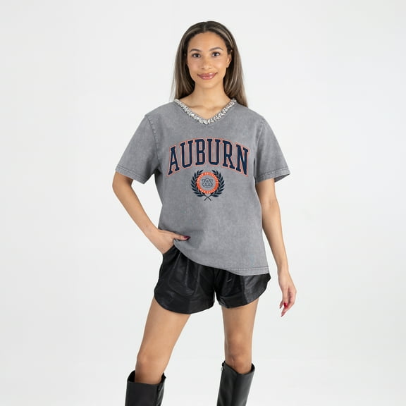 Women's Gameday Couture Gray Auburn Tigers Iconic Edge Rhinestone V-Neck T-Shirt