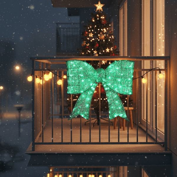 28.3in Pre-Lit Outdoor Christmas Bowknot, 124 Warm White LEDs, Sparkling Tinsel Fabric, Collapsible for Indoor/Outdoor Use