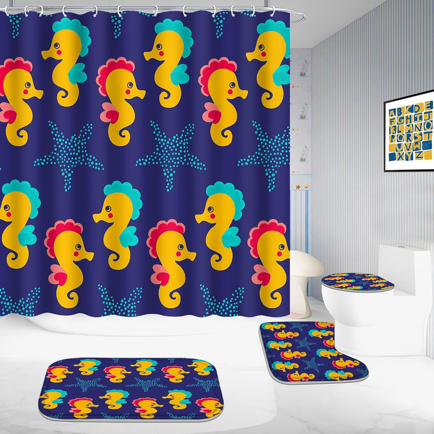 4 Pcs Bathroom Shower Curtain Set,Kid's Bathroom Set,Baby Octopus Shower Curtain Sets with Rugs(Bath Mat,U Shape and Toilet Lid Cover Mat) and 12 Hooks