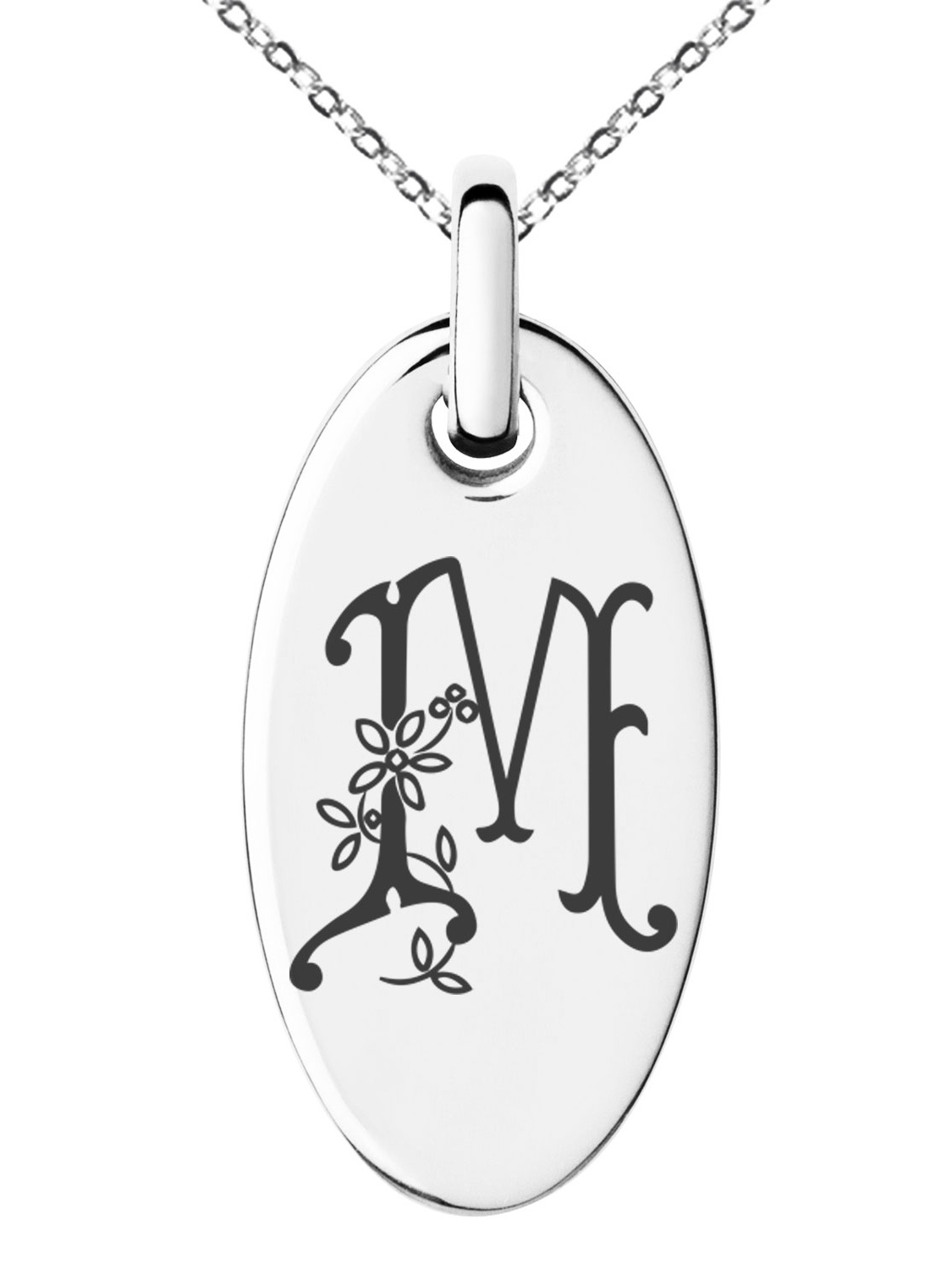 Stainless Steel Letter M Initial Floral Monogram Engraved Small Oval