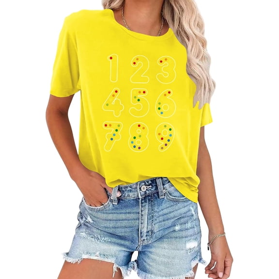 Plus Size Summer Shirt for Women Casual Printed Short Sleeve Crew Neck Tshirt Trendy Lighweight Tops (XS, Yellow)