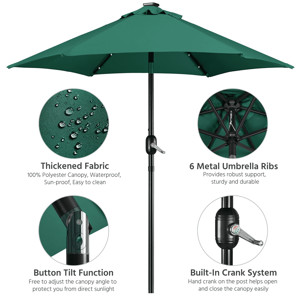 Renwick 7.5FT Patio Umbrella with Base Stand and LED Solar Lights, Dark Green