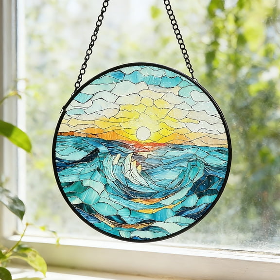 8 Inch Stained Glass Suncatcher Hanging Window Decor, Colorful Sun Catcher Ornament with Chain & Hook, Decorative Glass Panel for Home, Garden, Balcony