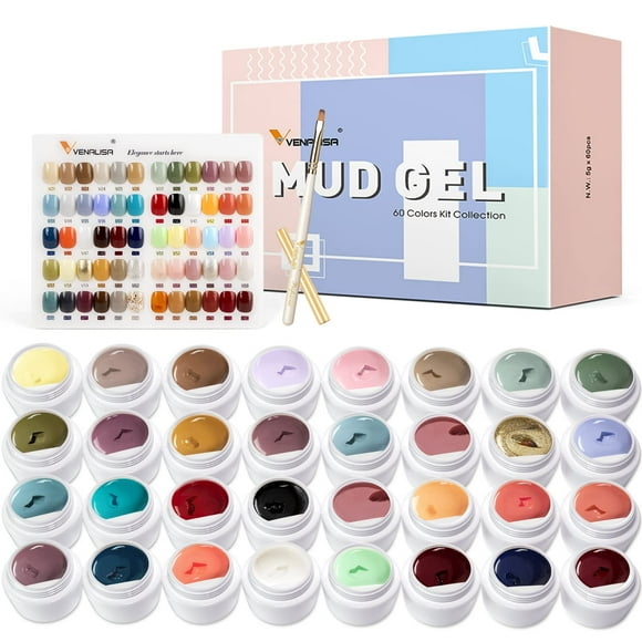 VENALISA Kit de Peinture Gel Boue 60 Couleurs avec Carte de Couleur Pinceau à Ongles, Vernis Gel pour Art des Ongles Ensemble Complet Débutant Manucure
