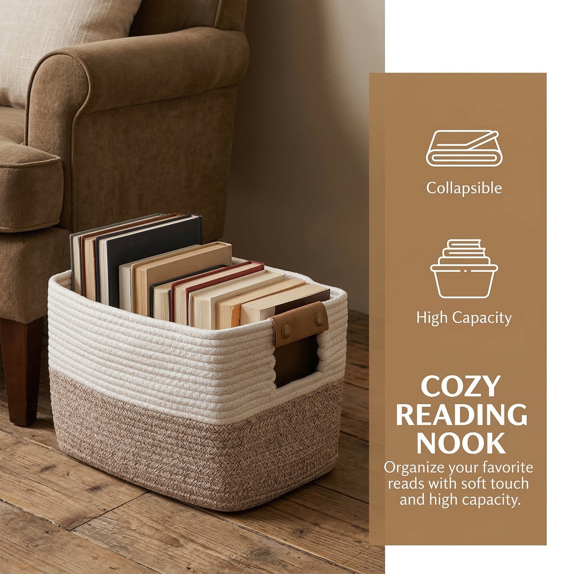 Unique Bargains Woven Large Shelf Closet Storage Bin White Coffee 15*9.8*8.7in