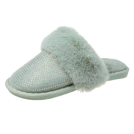 

Aviva Fashion Women Rhinestones Slip On Furry Plush Flat Home Winter Round Toe Keep Warm Solid Color Slippers Shoes