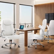NEO CHAIR Executive Office Chair, Ergonomic High back Cushioned, Wide White Leather Seat 8 Hours Heavy Duty Design, Flip Up Armrest Computer Desk Chair, White