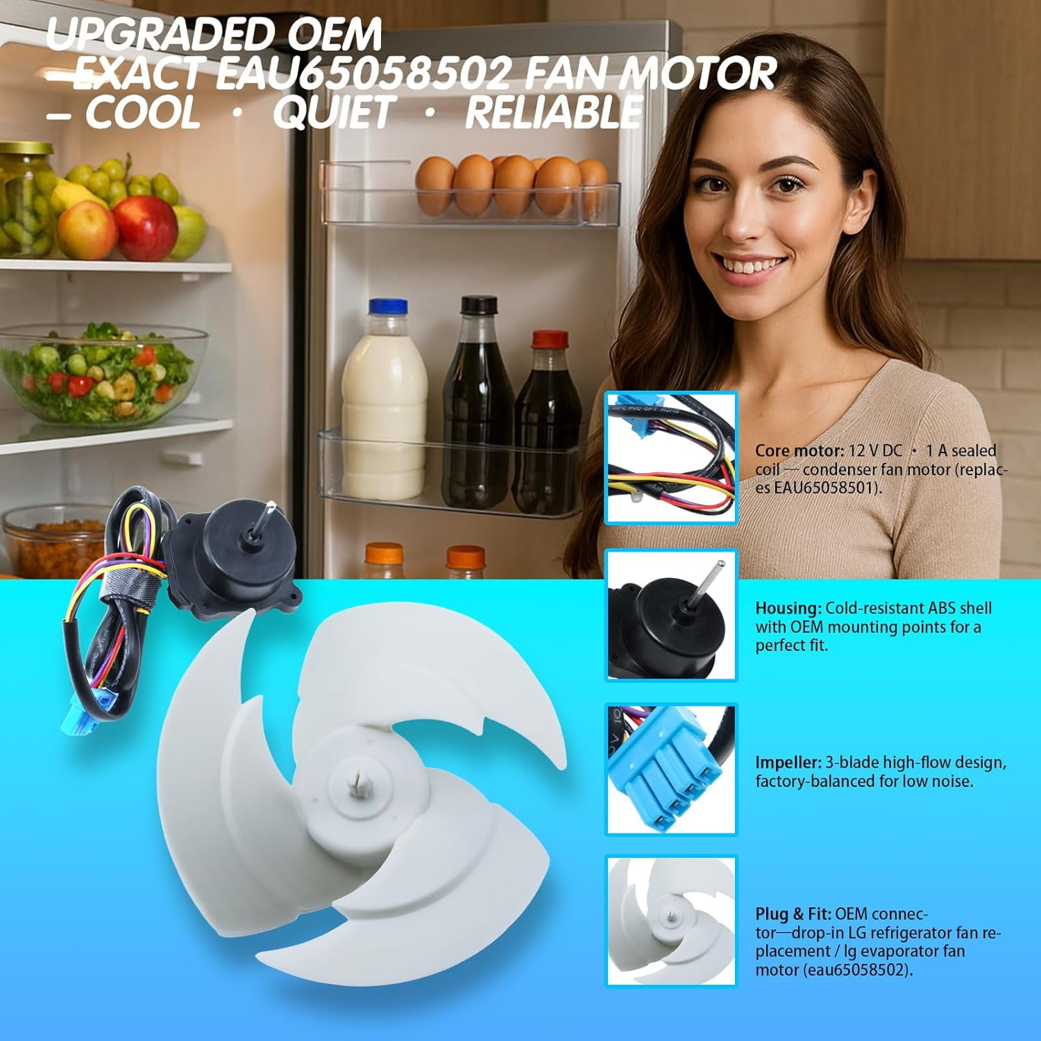Upgraded EAU65058502 EAU65058501 Refrigerator Condenser Fan Motor with Blade 12 V 1 A Quiet Replacement For LG & Kenmore French-Door/SxS Fridges – Replaces EAU64843805 RFD3410A102A AP7178309