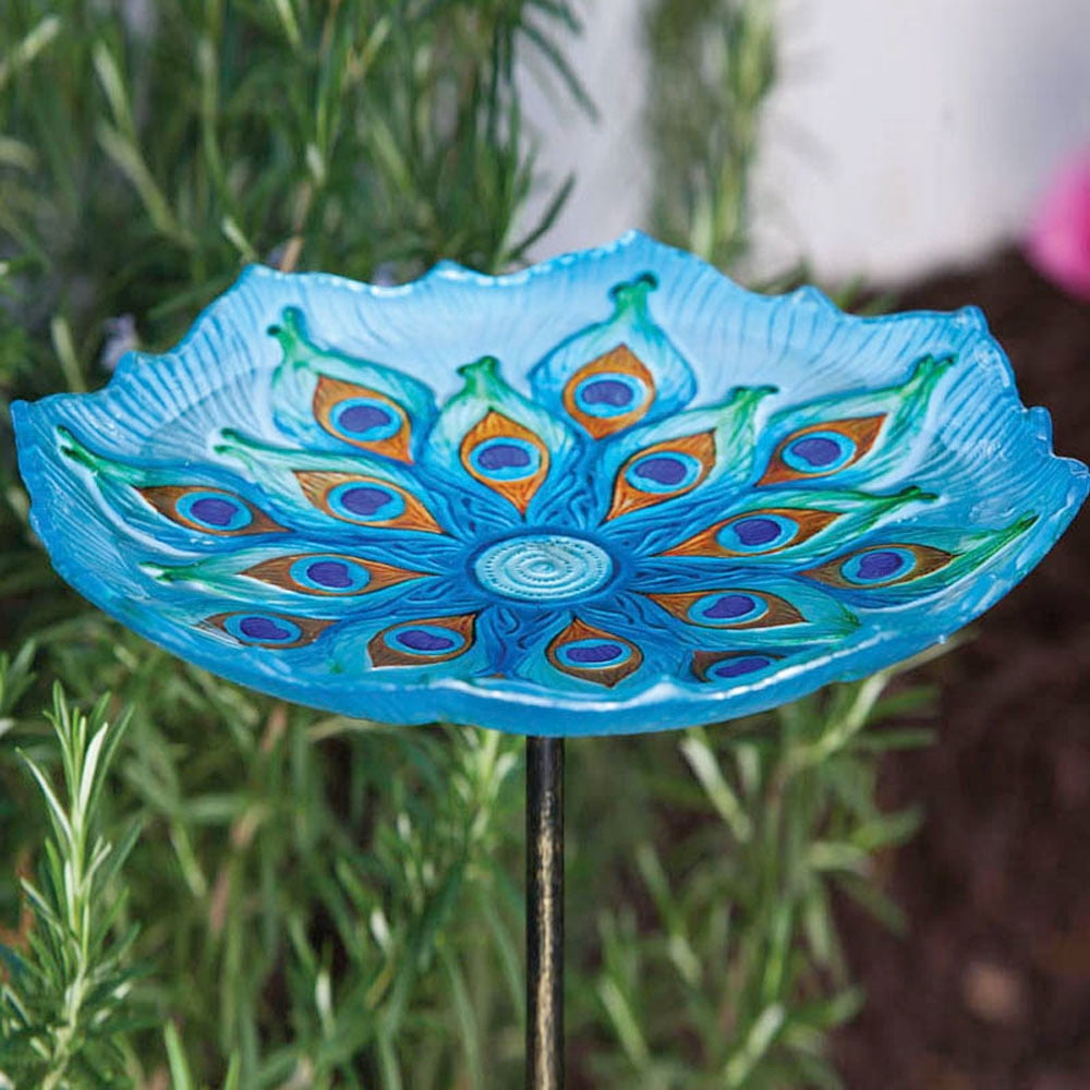Evergreen Garden 2GB209 11 Inch Peacock Glass Bird Bath Bowl with Metal Stake