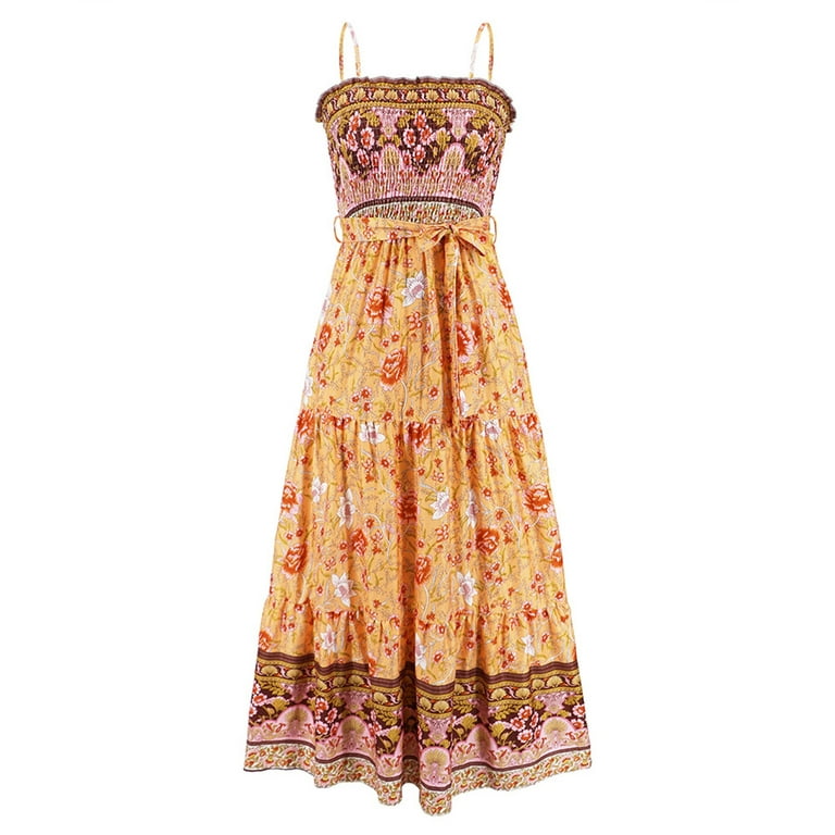 Clearance-Sale Summer Dresses for Women 2023 Sleeveless Printing Floral  Pattern Dress V-Neck Midi Fit And Flare Daily Casual Retro Vintage Bohemian  Homecoming A-Line Swing Hem Bandage Ruched Dress 