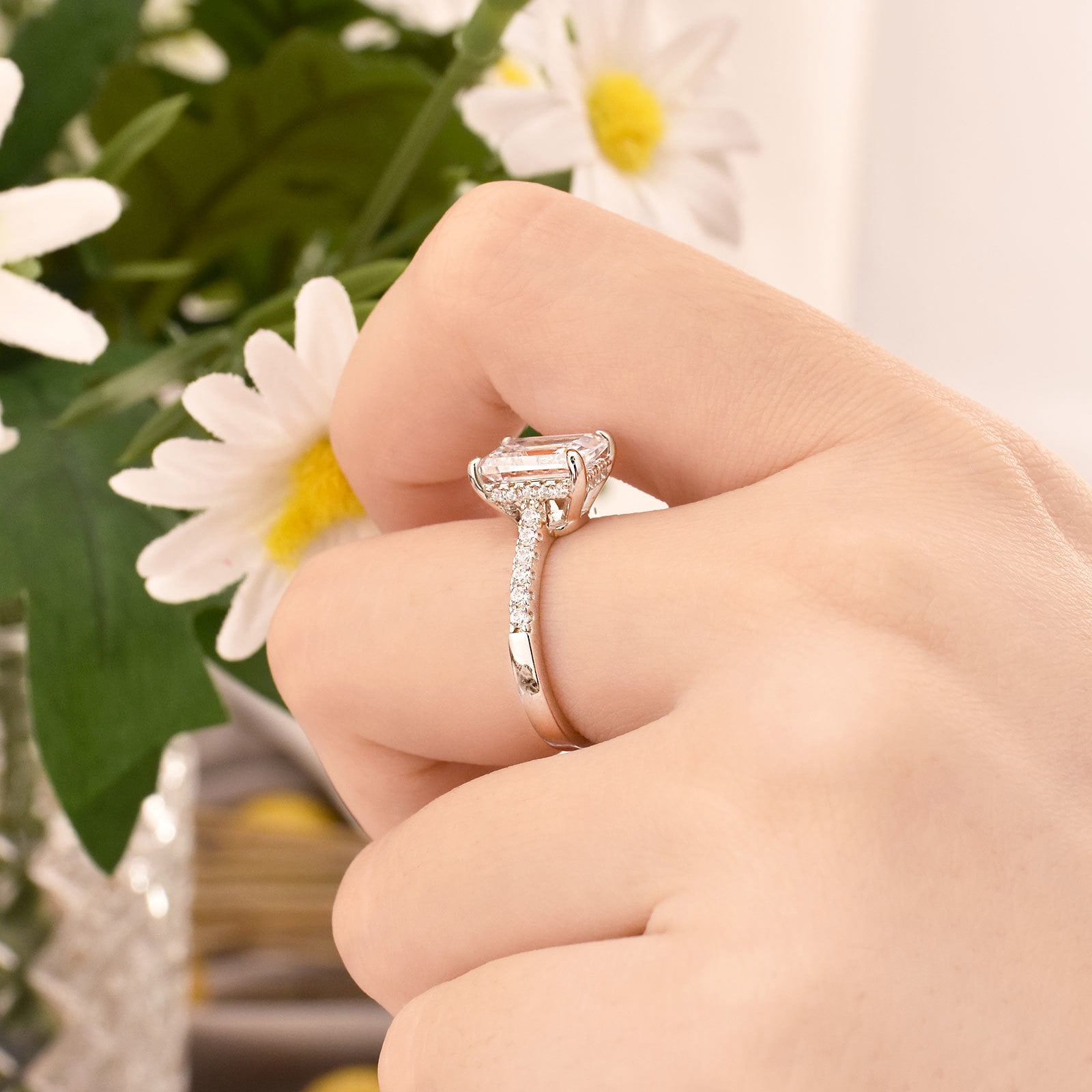 SHELOVES 3 Carat Emerald Cut Engagement Rings for Women AAAAA CZ 925 Sterling Silver Promise Wedding Rings Size 7