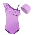 thumbnail image 3 of Wdgfv Toddler Girl One Piece Swimsuit with Matching Cap Color Block with Ruffled Sleeve Straps Swimwear Bathing Suit Purple 7-8 Years, 3 of 4