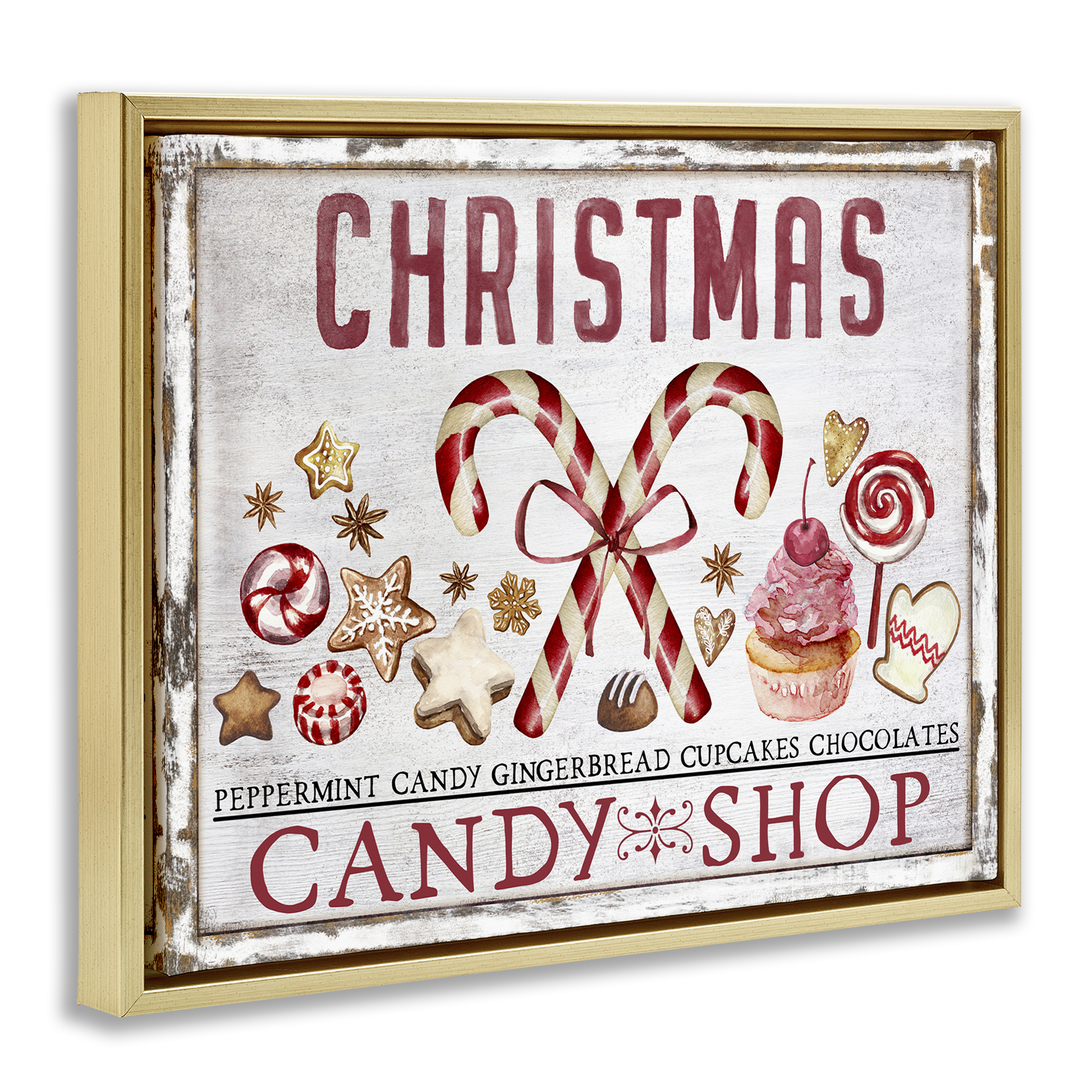 Stupell Industries Candy Shop Christmas Holiday Painting Gold Floater Framed Canvas Art Prints Wall Art, 31 x 25